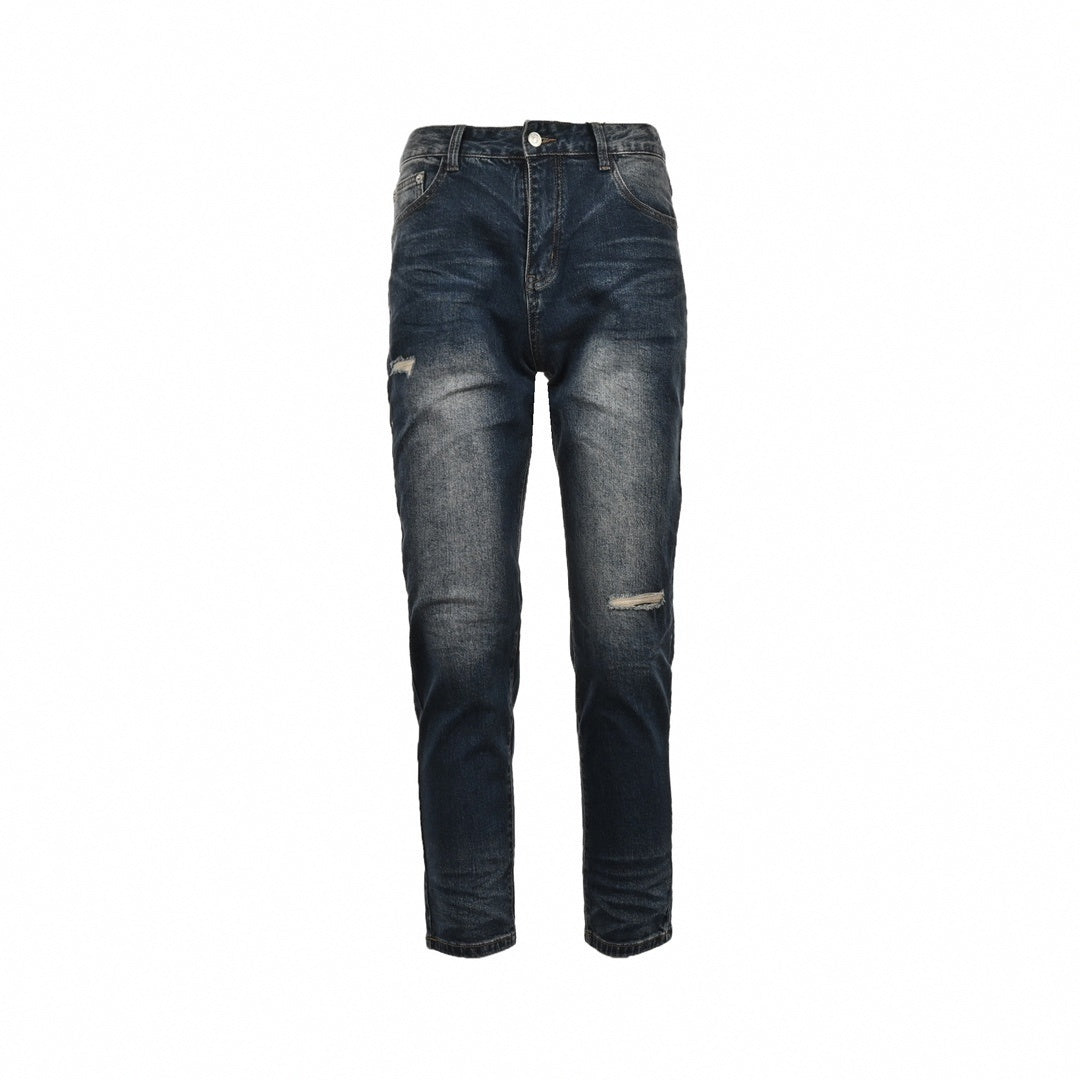 Distressed Dark-Wash Slim-Fit Denim Jeans