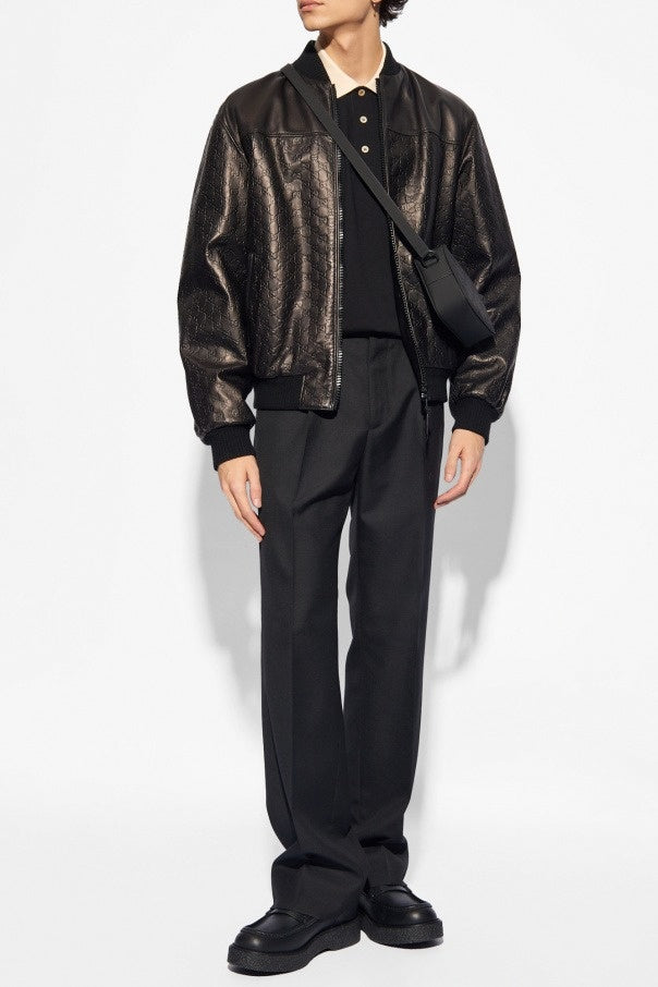 Black GG Monogram Leather Bomber Jacket