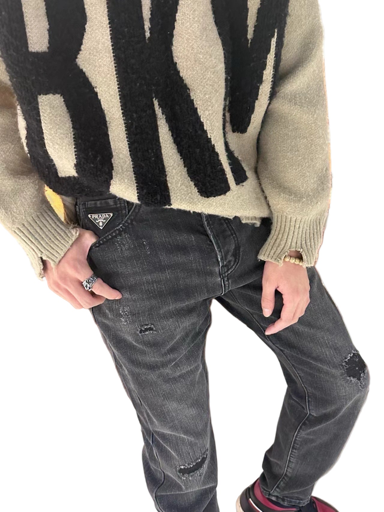 Distressed Black Denim Jeans with Embroidered Back Logo