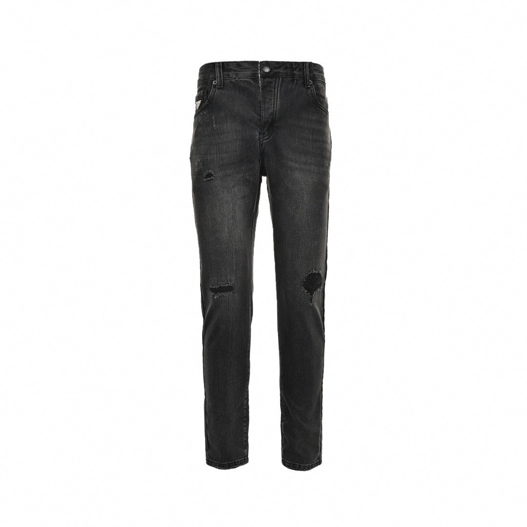 Distressed Black Denim Jeans with Embroidered Back Logo