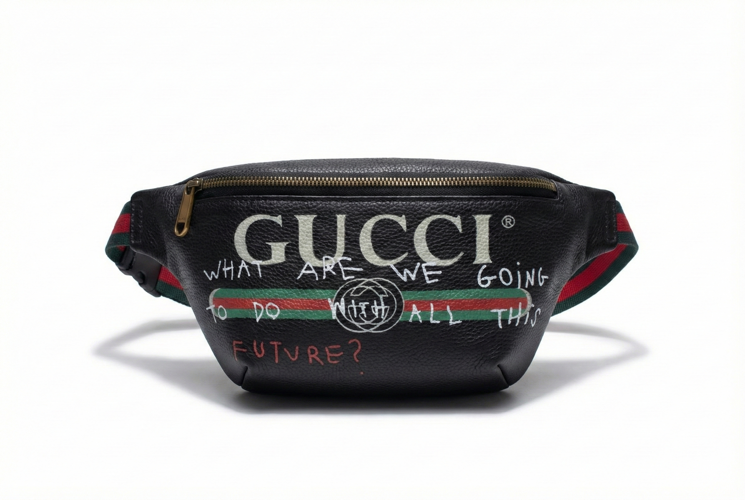 Graffiti Print Leather Belt Bag with Web Strap