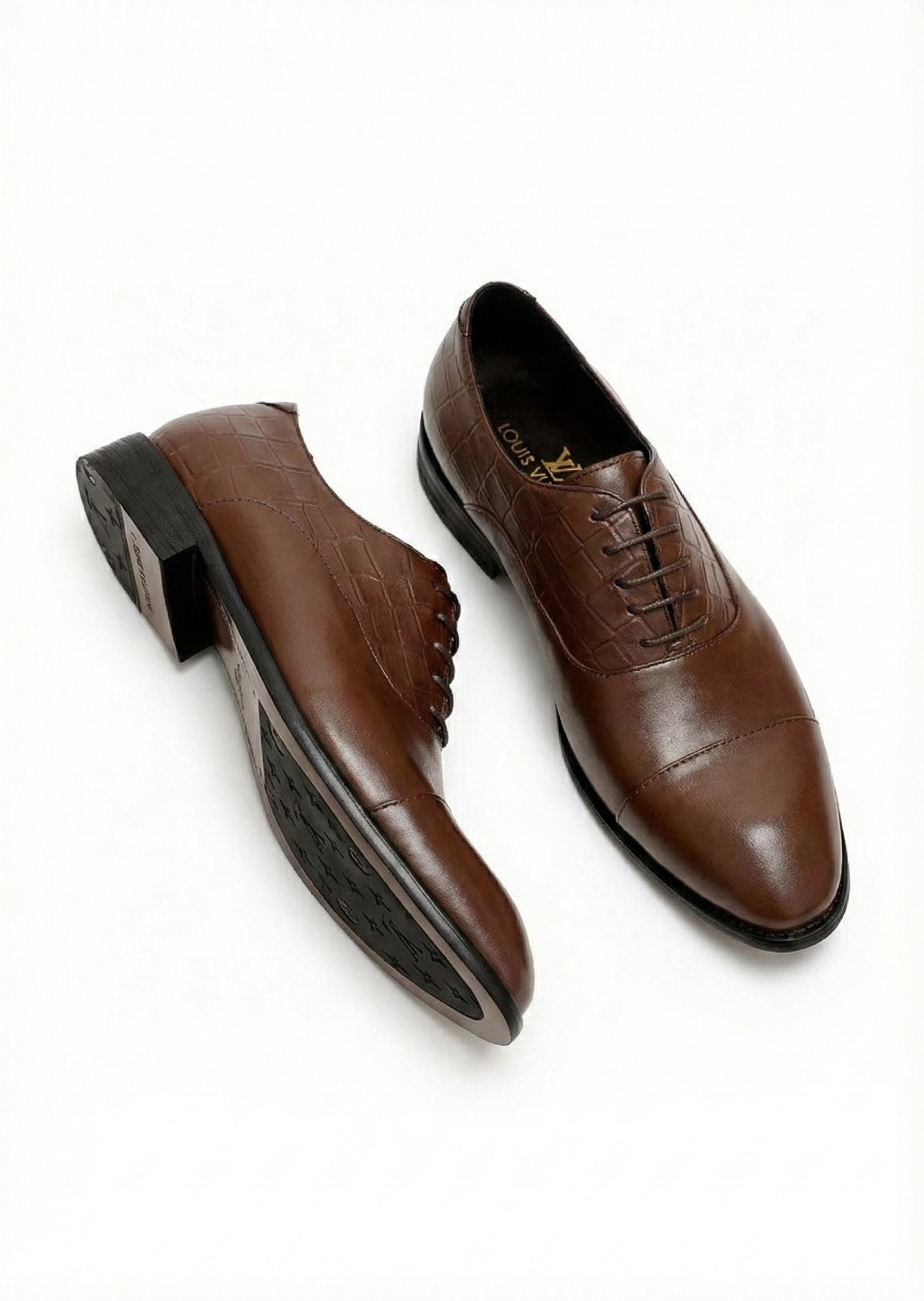 Brown Patent Croc-Embossed Oxford Shoes