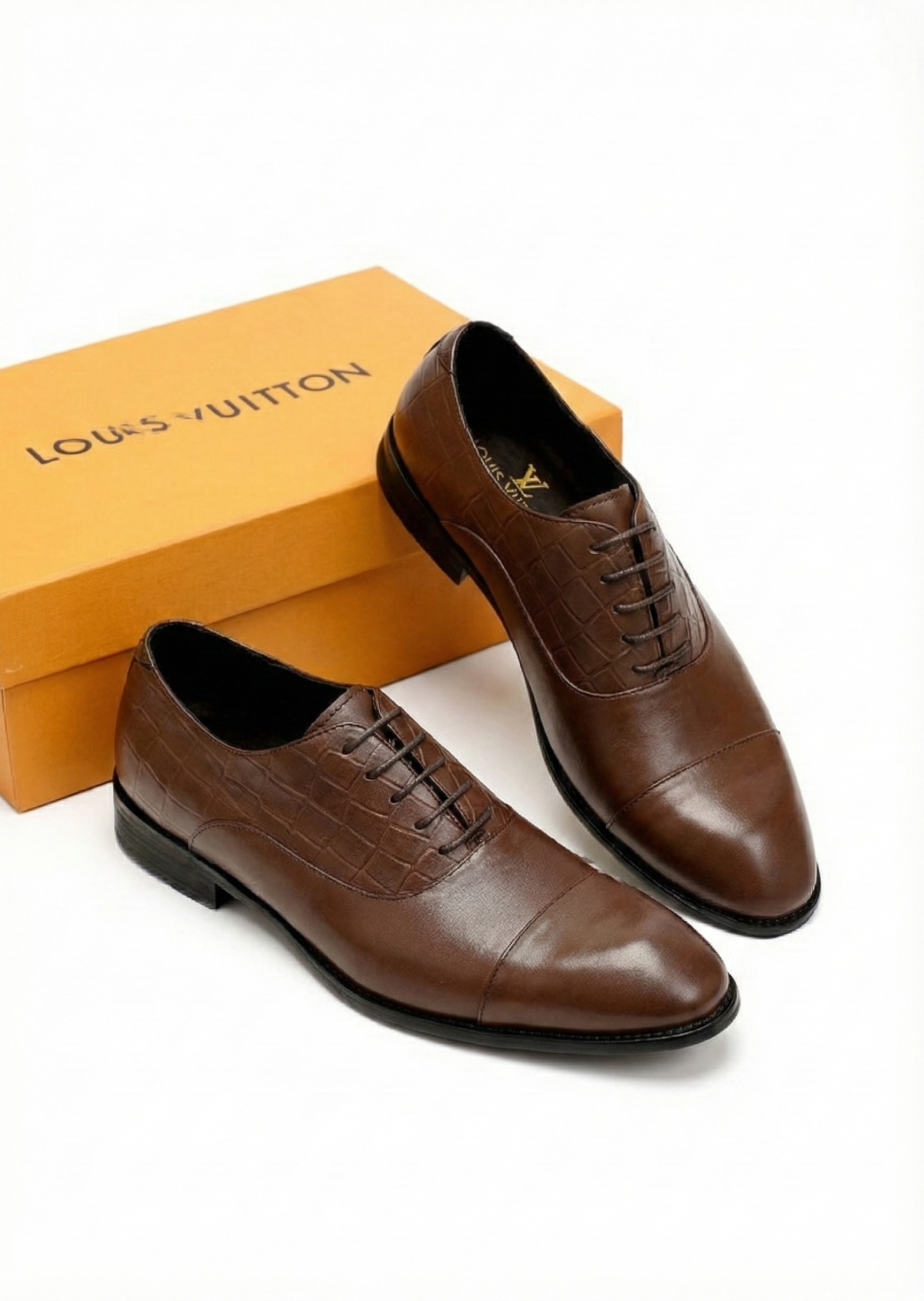 Brown Patent Croc-Embossed Oxford Shoes