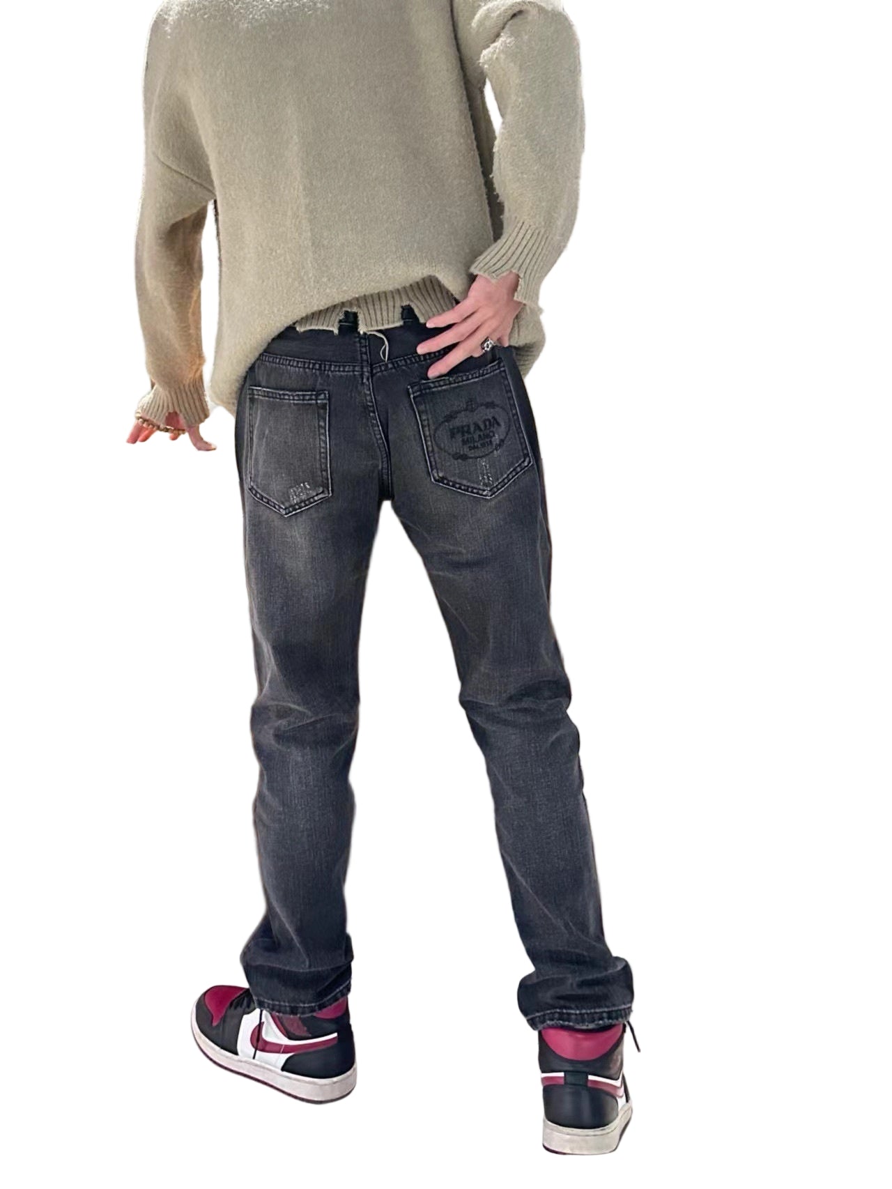 Distressed Black Denim Jeans with Embroidered Back Logo