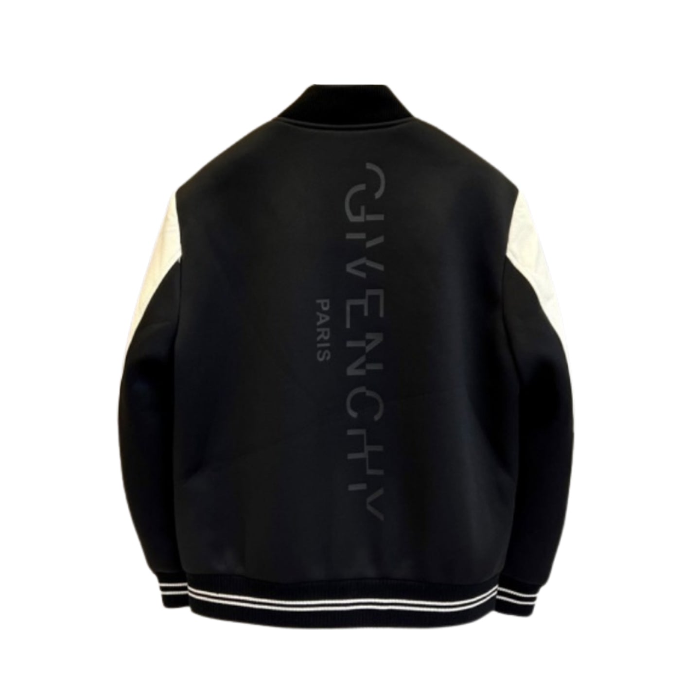 Black & Off-White Varsity Jacket — Leather Sleeves