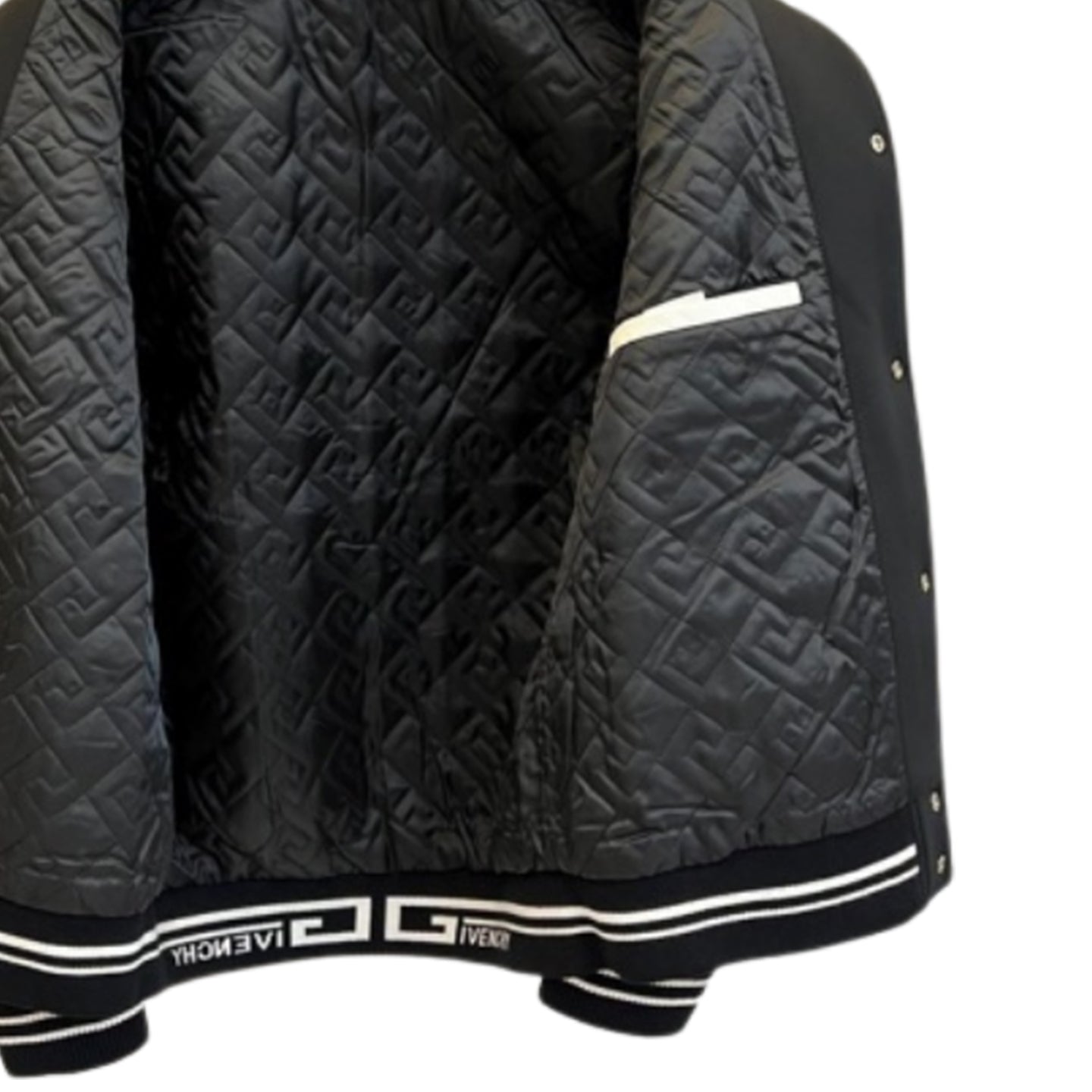 Black & Off-White Varsity Jacket — Leather Sleeves