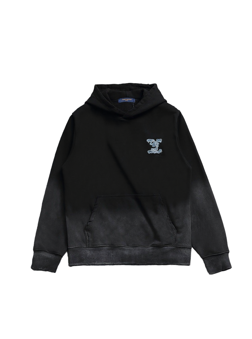 Black Gradient Hoodie with Blue LV Patch