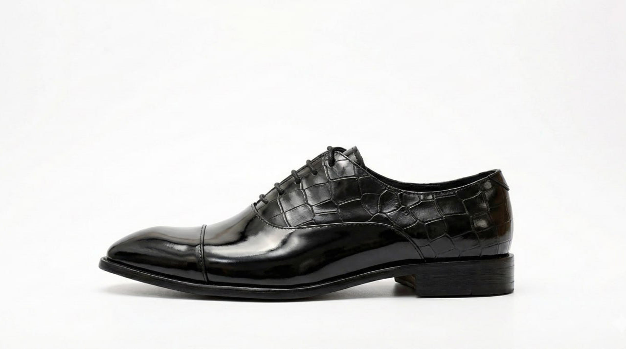 Black Patent Croc-Embossed Oxford Shoes